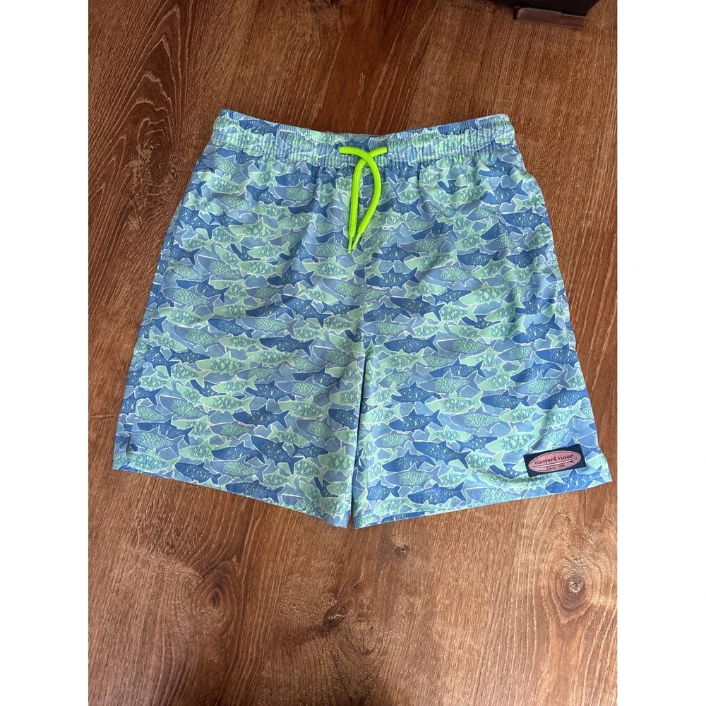 Vineyard Vines Boys Blue Green Fish Print Swim Trunks Size L 14:16 Mesh Lined